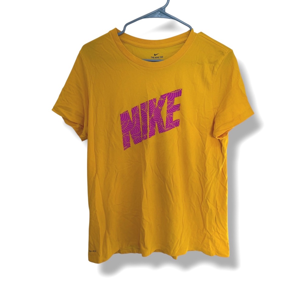 Nike Dri-FIT T-Shirt Womens XL Yellow Purple Logo Graphic Athletic Tee